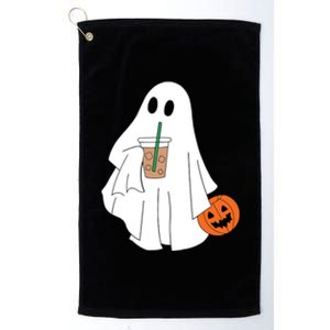 Cute Little Ghost Drinking Coffee Halloween Spooky Season Platinum Collection Golf Towel