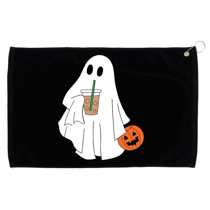 Cute Little Ghost Drinking Coffee Halloween Spooky Season Grommeted Golf Towel