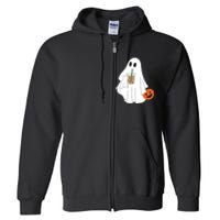 Cute Little Ghost Drinking Coffee Halloween Spooky Season Full Zip Hoodie