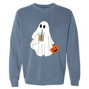 Cute Little Ghost Drinking Coffee Halloween Spooky Season Garment-Dyed Sweatshirt