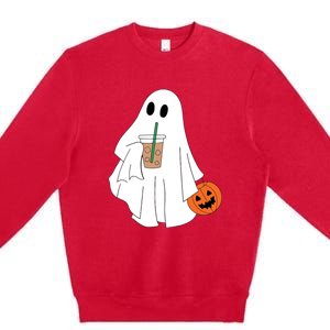 Cute Little Ghost Drinking Coffee Halloween Spooky Season Premium Crewneck Sweatshirt