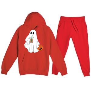 Cute Little Ghost Drinking Coffee Halloween Spooky Season Premium Hooded Sweatsuit Set