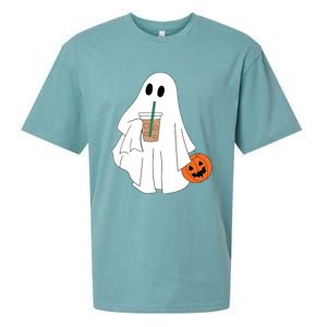 Cute Little Ghost Drinking Coffee Halloween Spooky Season Sueded Cloud Jersey T-Shirt