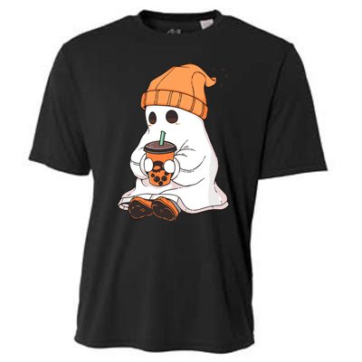 Cute Little Ghost Drinking Coffee Halloween Spooky Season Cooling Performance Crew T-Shirt