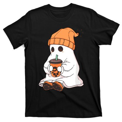 Cute Little Ghost Drinking Coffee Halloween Spooky Season T-Shirt