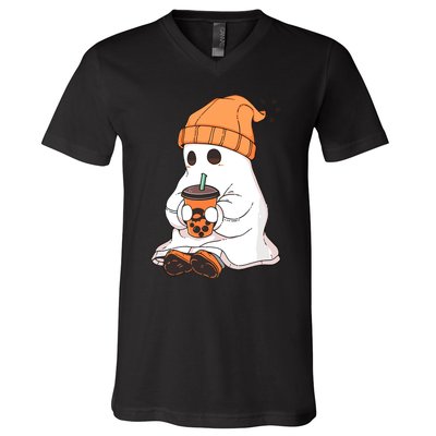 Cute Little Ghost Drinking Coffee Halloween Spooky Season V-Neck T-Shirt