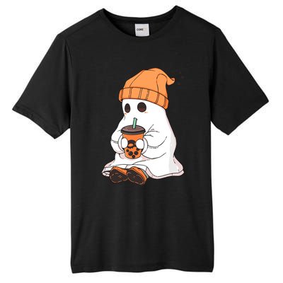 Cute Little Ghost Drinking Coffee Halloween Spooky Season Tall Fusion ChromaSoft Performance T-Shirt