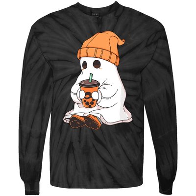 Cute Little Ghost Drinking Coffee Halloween Spooky Season Tie-Dye Long Sleeve Shirt