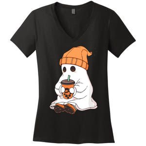 Cute Little Ghost Drinking Coffee Halloween Spooky Season Women's V-Neck T-Shirt