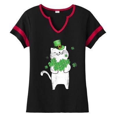 Cat Leprechaun Gift Cat Lover Shamrock Gift St Patrick's Day Gift Ladies Halftime Notch Neck Tee