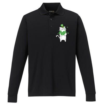 Cat Leprechaun Gift Cat Lover Shamrock Gift St Patrick's Day Gift Performance Long Sleeve Polo