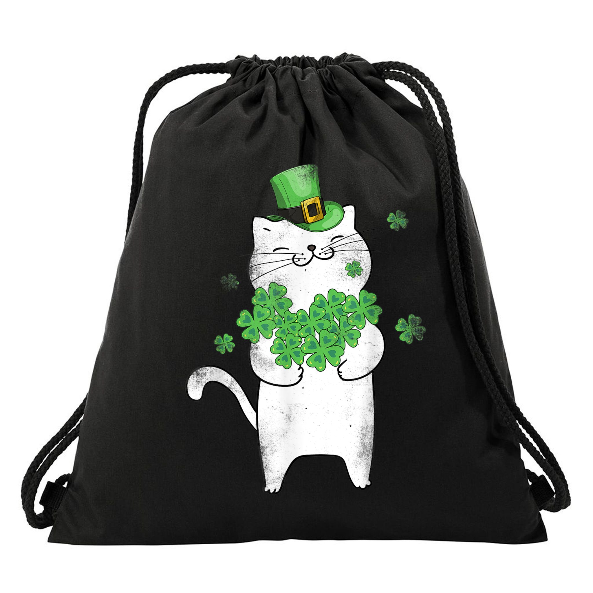Cat Leprechaun Gift Cat Lover Shamrock Gift St Patrick's Day Gift Drawstring Bag