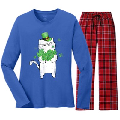 Cat Leprechaun Gift Cat Lover Shamrock Gift St Patrick's Day Gift Women's Long Sleeve Flannel Pajama Set 