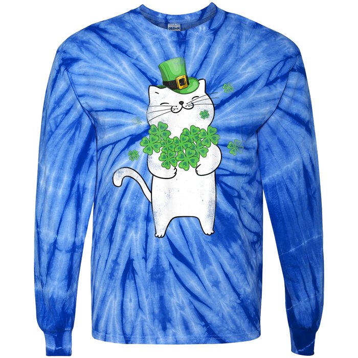 Cat Leprechaun Gift Cat Lover Shamrock Gift St Patrick's Day Gift Tie-Dye Long Sleeve Shirt