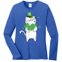 Cat Leprechaun Gift Cat Lover Shamrock Gift St Patrick's Day Gift Ladies Long Sleeve Shirt