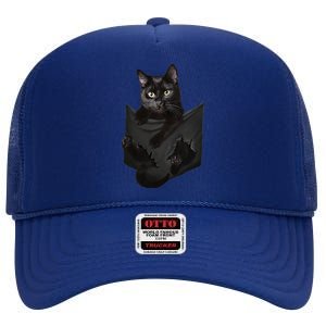 Cat Lovers Gifts Black Cat In Pocket Funny Kitten Face High Crown Mesh Back Trucker Hat