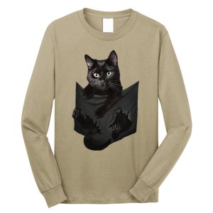 Cat Lovers Gifts Black Cat In Pocket Funny Kitten Face Long Sleeve Shirt