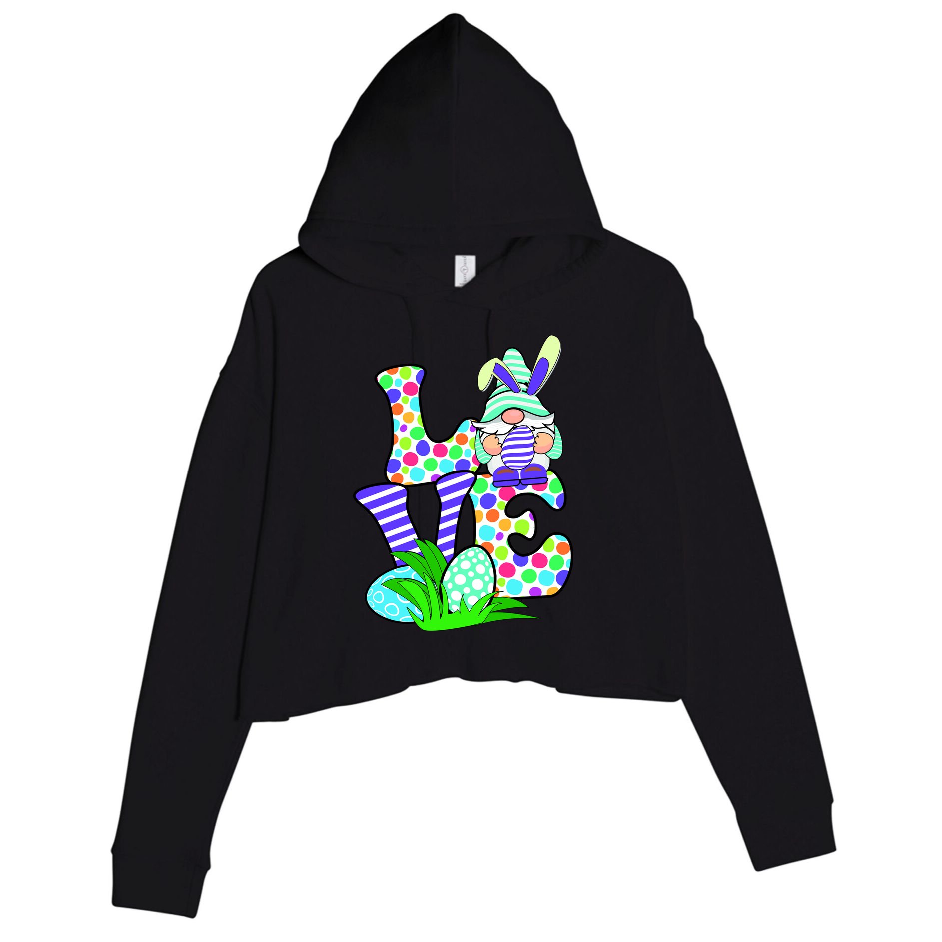 Cute Love Gnome Easter Egg Hunting Bunny Crop Fleece Hoodie