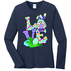 Cute Love Gnome Easter Egg Hunting Bunny Ladies Long Sleeve Shirt