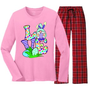 Cute Love Gnome Easter Egg Hunting Bunny Women's Long Sleeve Flannel Pajama Set 