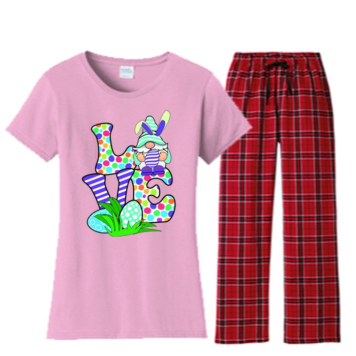 Cute Love Gnome Easter Egg Hunting Bunny Women's Flannel Pajama Set