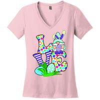 Cute Love Gnome Easter Egg Hunting Bunny Women's V-Neck T-Shirt