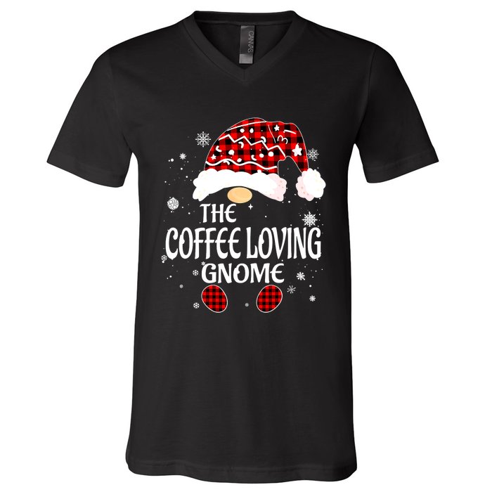 Coffee Loving Gnome Christmas Buffalo Plaid Family Matching V-Neck T-Shirt