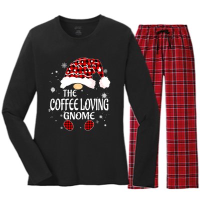 Coffee Loving Gnome Christmas Buffalo Plaid Family Matching Women's Long Sleeve Flannel Pajama Set 