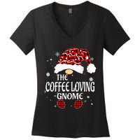 Coffee Loving Gnome Christmas Buffalo Plaid Family Matching Women's V-Neck T-Shirt