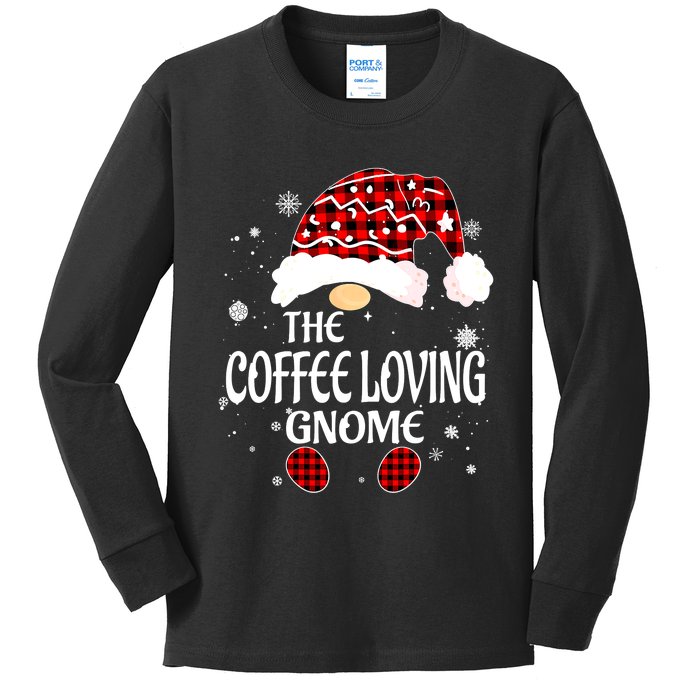 Coffee Loving Gnome Christmas Buffalo Plaid Family Matching Kids Long Sleeve Shirt