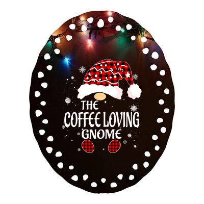 Coffee Loving Gnome Christmas Buffalo Plaid Family Matching Ceramic Oval Ornament