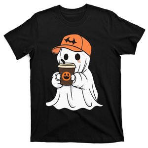 Cute Little Ghost Drinking Coffee Halloween Spooky Season T-Shirt