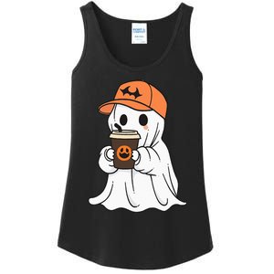 Cute Little Ghost Drinking Coffee Halloween Spooky Season Ladies Essential Tank