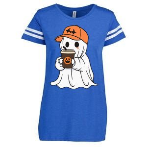 Cute Little Ghost Drinking Coffee Halloween Spooky Season Enza Ladies Jersey Football T-Shirt