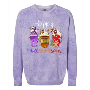 Coffee Latte Happy Hallothanksmas Halloween Thanksgiving Gift Colorblast Crewneck Sweatshirt