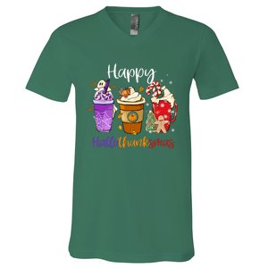 Coffee Latte Happy Hallothanksmas Halloween Thanksgiving Gift V-Neck T-Shirt