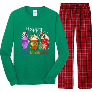 Coffee Latte Happy Hallothanksmas Halloween Thanksgiving Gift Long Sleeve Pajama Set