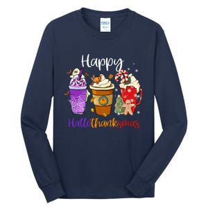 Coffee Latte Happy Hallothanksmas Halloween Thanksgiving Gift Tall Long Sleeve T-Shirt