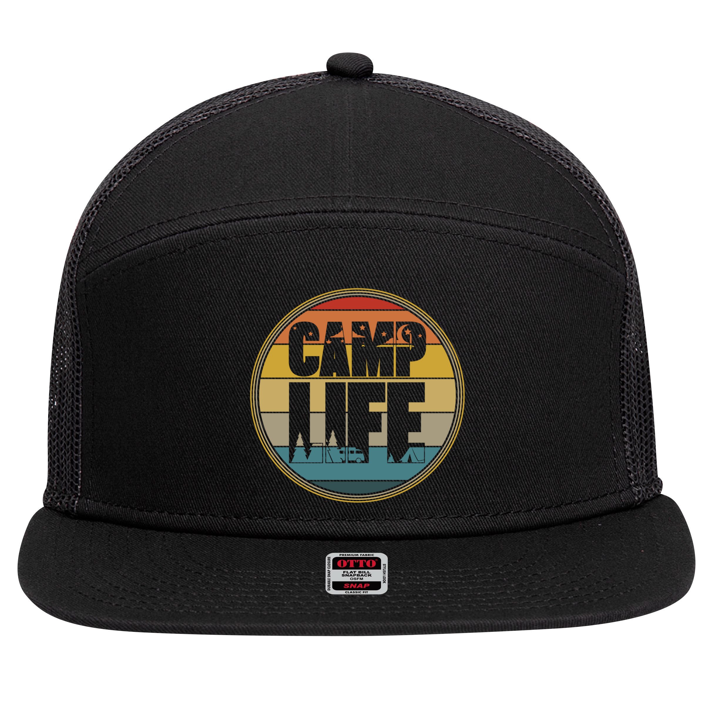 Camp Life Happy Camper Retro Camping Gift 7 Panel Mesh Trucker Snapback Hat