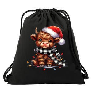 Christmas Lights Highland Cow Drawstring Bag