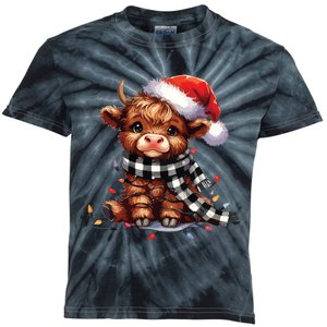 Christmas Lights Highland Cow Kids Tie-Dye T-Shirt