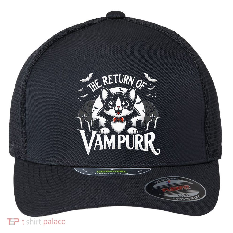 Cat Lover Halloween Funny Cute The Return of Vampurr Flexfit Unipanel Trucker Cap