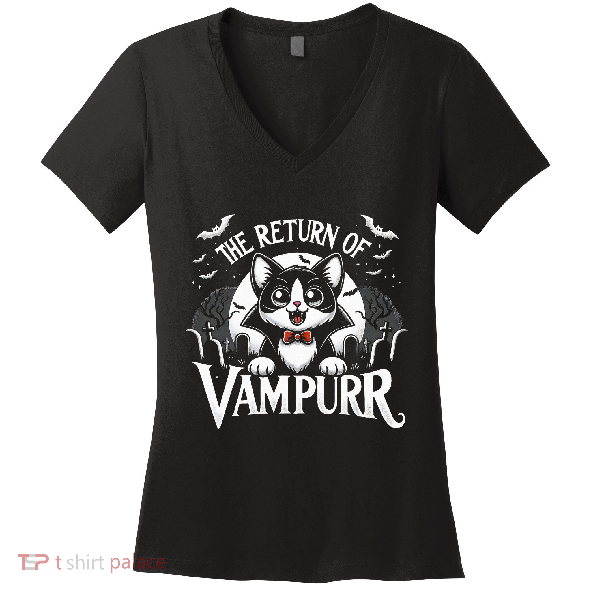 Cat Lover Halloween Funny Cute The Return of Vampurr Women's V-Neck T-Shirt