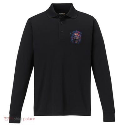 Colorful Lion Head Performance Long Sleeve Polo