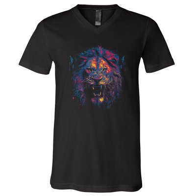 Colorful Lion Head V-Neck T-Shirt