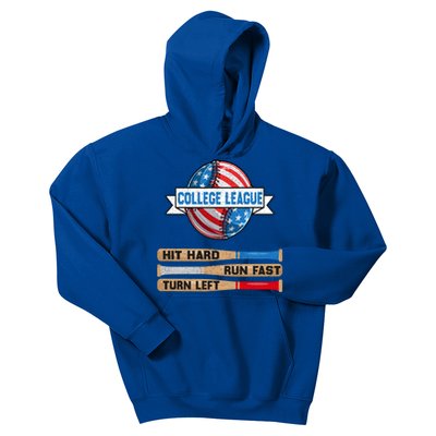 College League Hit Hard Run Fast Turn Left Funny Baseball Cute Gift Kids Hoodie