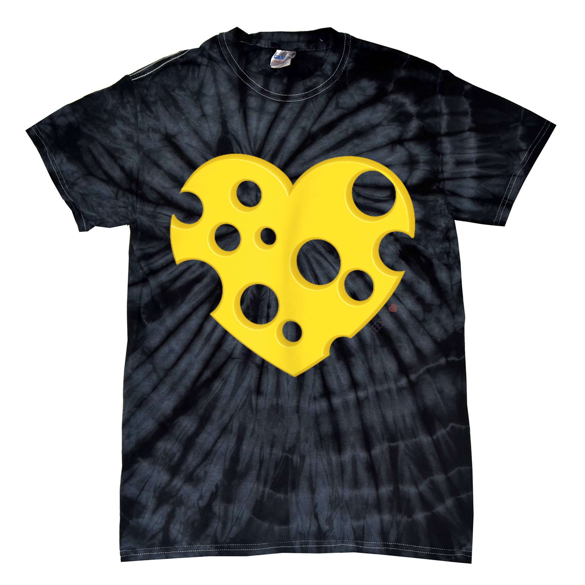 Cheese Love Heart Pocket. Holey Cheese Tie-Dye T-Shirt
