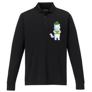 Cat Leprechaun Happy St Patricks Day Irish Shamrock Funny Gift Performance Long Sleeve Polo