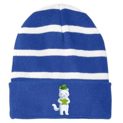 Cat Leprechaun Happy St Patricks Day Irish Shamrock Funny Gift Striped Beanie with Solid Band