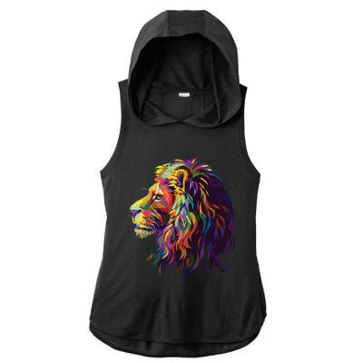 Colorful Lion Head Design Pop Art Style Ladies PosiCharge Tri-Blend Wicking Draft Hoodie Tank